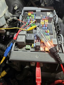Figure 4 &mdash; With a test light, you can switch the lead to battery positive and lightly touch the pin of the feed wire to the fuel pump to see if everything is electrically intact.